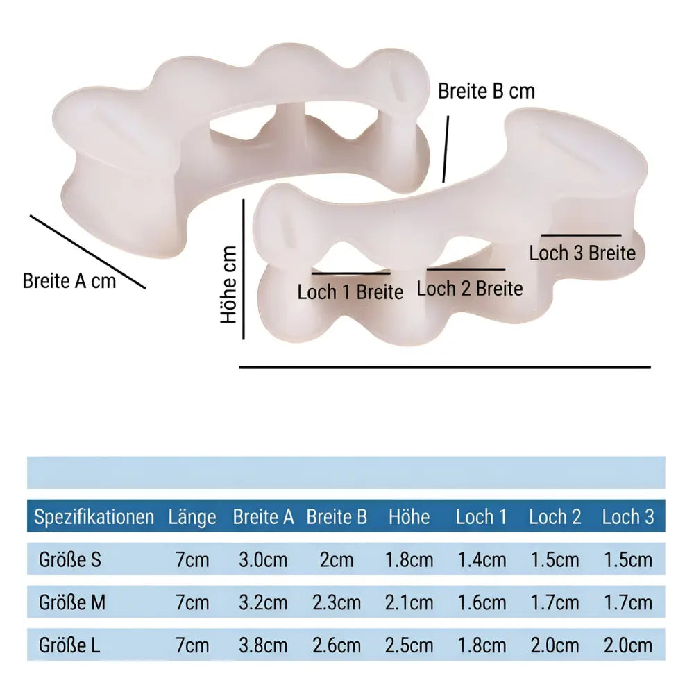 Zehenseparator Größentabelle – Größe S, M und L in cm