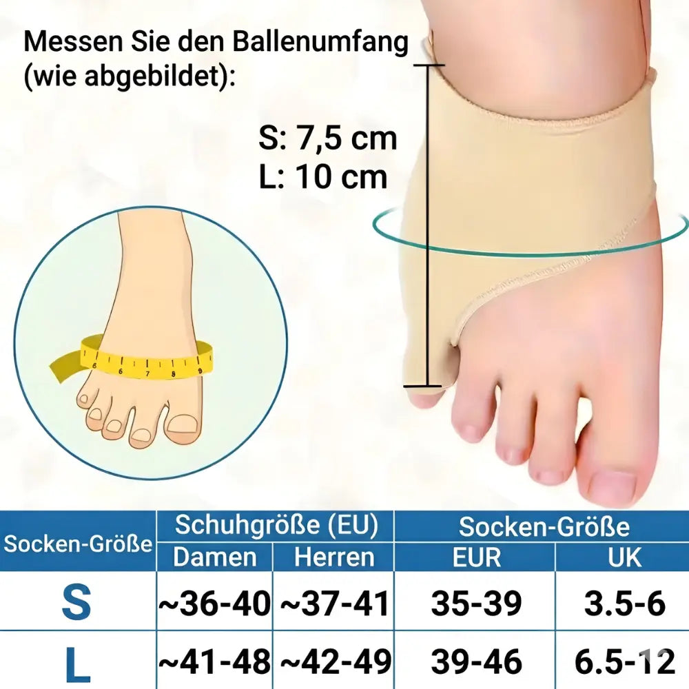 Zehenspreizer kleiner Zeh Größentabelle – Größe S und L in cm