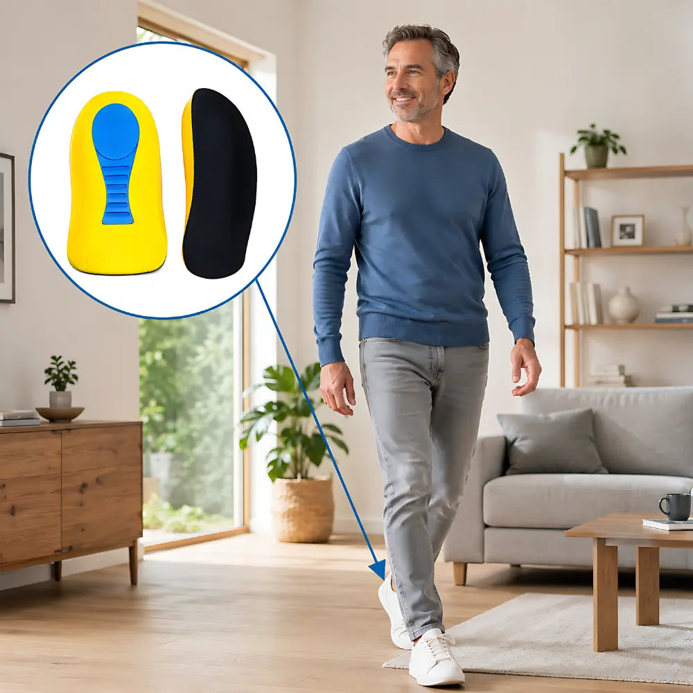 fersensporn einlagen mann beim gehen im wohnzimmer zuhause
