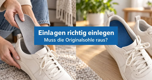 Einlagen richtig einlegen: Ein Schnürschuh mit herausnehmbarer Originalsohle und blauer Einlegesohle.