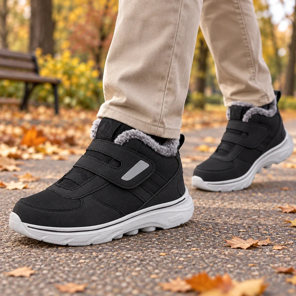 Schwarze gefütterte Herrenschuhe beim Gehen auf einem trockenen Parkweg.