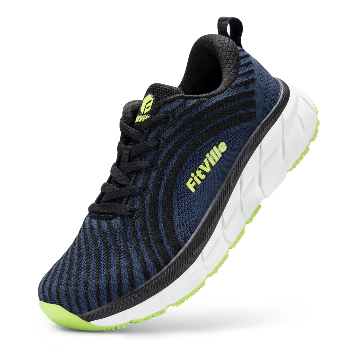 Herren-Sneaker in Dunkelblau mit weißer Sohle und hellgrünen Akzenten.