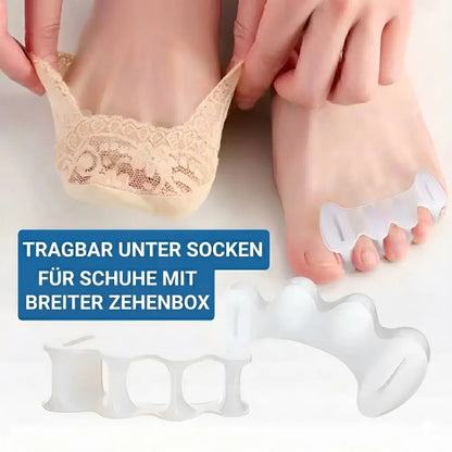 Zehenseparator tragbar unter Socken und in Schuhen mit breiter Zehenbox
