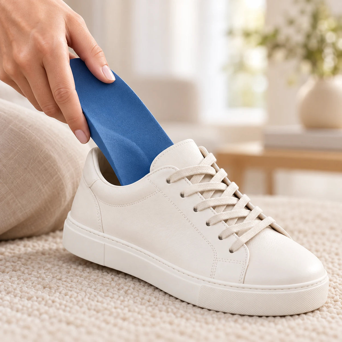 Blaue Einlage beim Einsetzen in einen Schuh