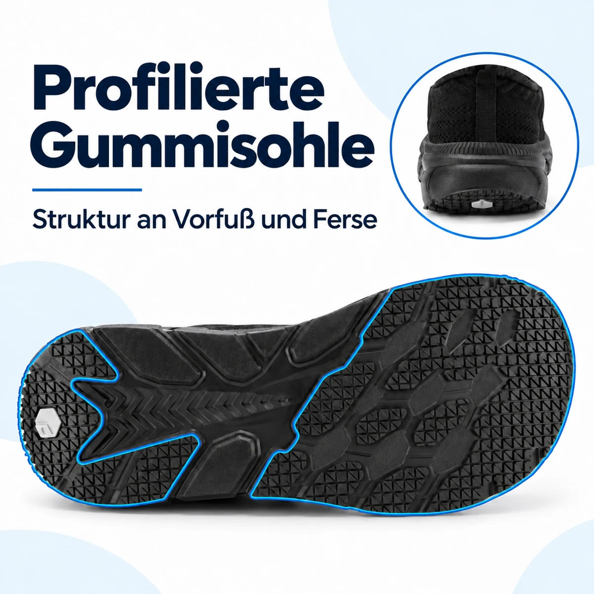 Schwarze profilierte Gummisohle mit blau markierten Konturen und separater Detailansicht der Ferse.