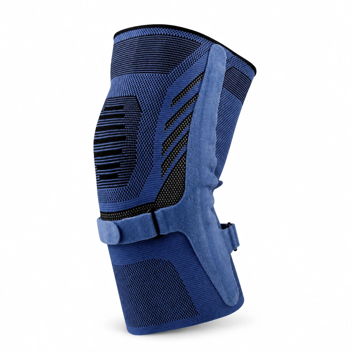 Knie-Kompressionsmanschette in Blau mit Patellagurt und seitlichen Stützelementen auf weißem Hintergrund