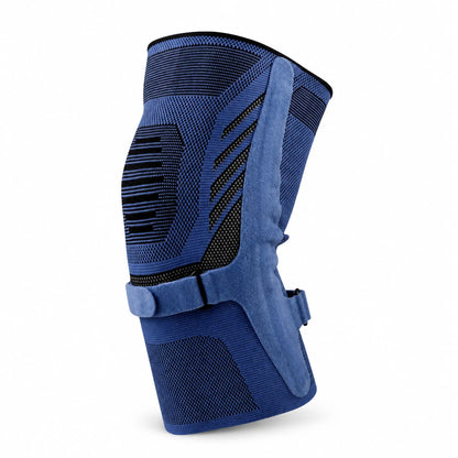 Knie-Kompressionsmanschette in Blau mit Patellagurt und seitlichen Stützelementen auf weißem Hintergrund