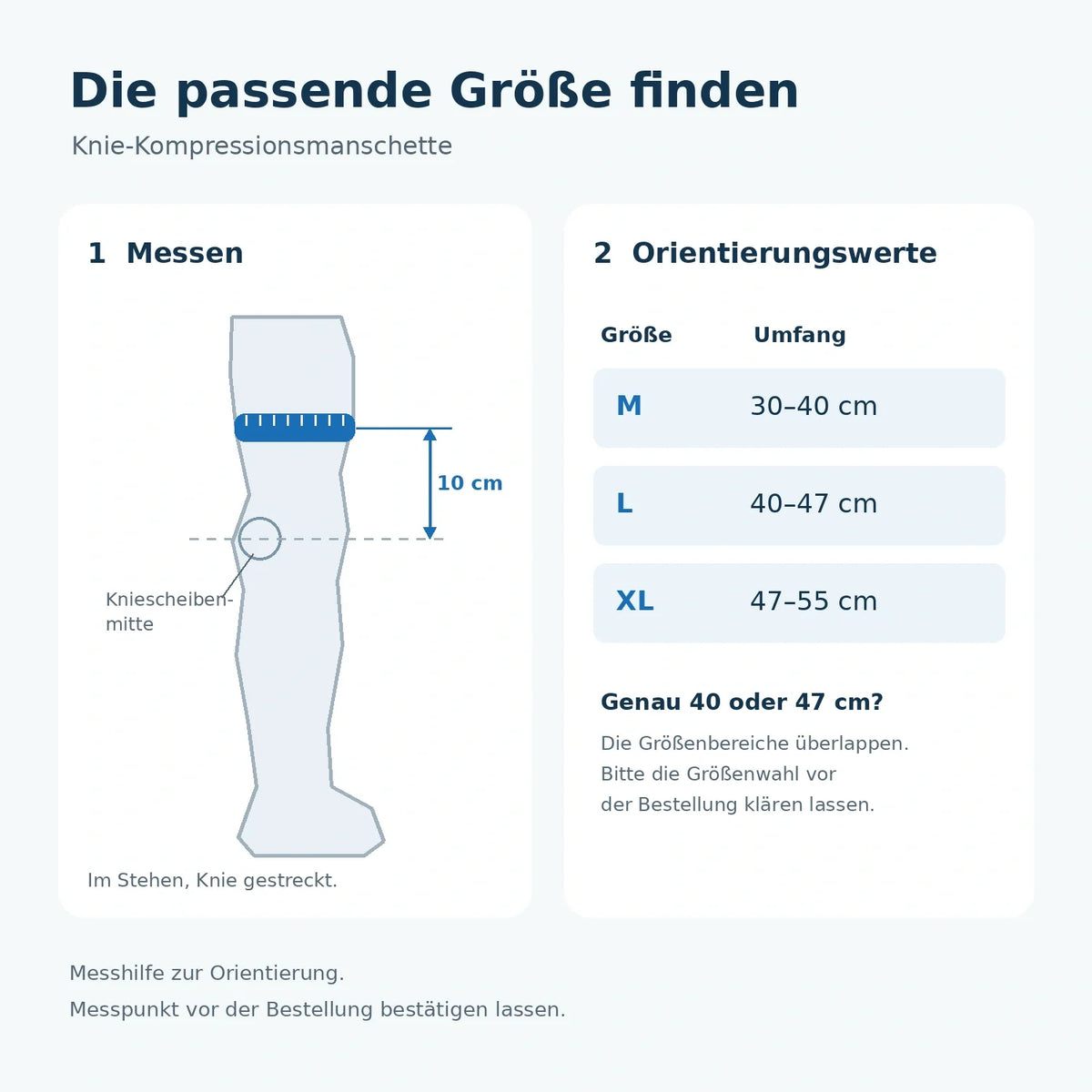 Messhilfe für die Knie-Kompressionsmanschette mit Orientierungswerten M 30–40 cm, L 40–47 cm und XL 47–55 cm. Messpunkt und Größe vor der Bestellung klären.