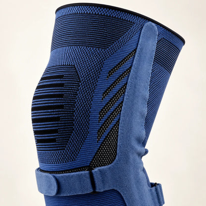 Detail des elastischen Gestricks und der seitlichen Verstärkung der blauen Kniebandage