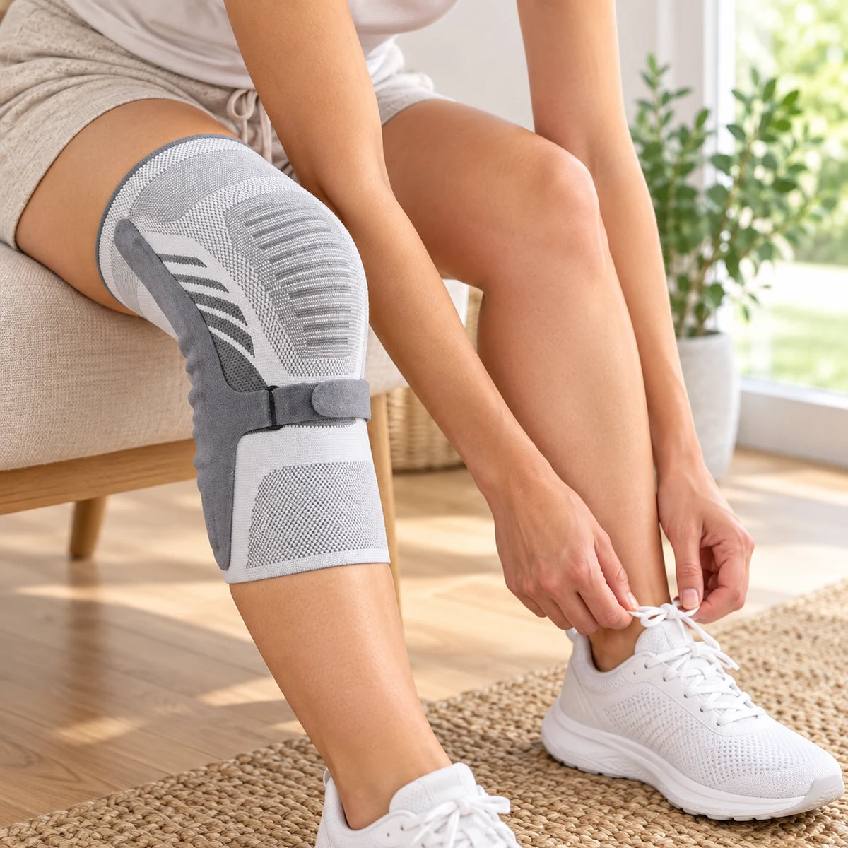 Graue Knie-Kompressionsmanschette am Knie einer Frau beim Anziehen ihrer Schuhe
