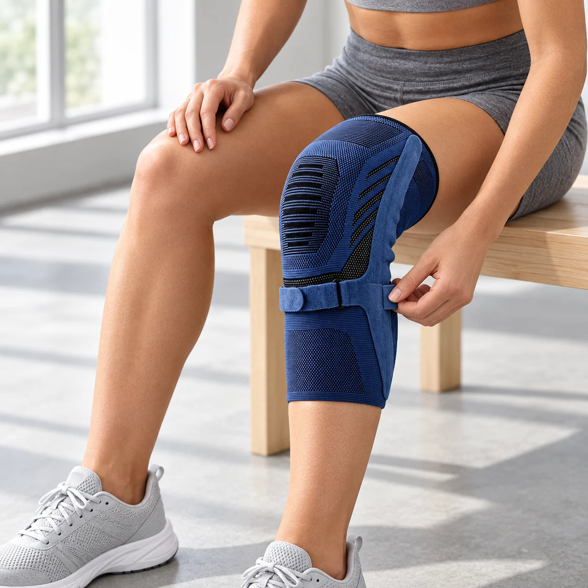 Frau stellt den Klettgurt der blauen Knie-Kompressionsmanschette unterhalb der Kniescheibe ein