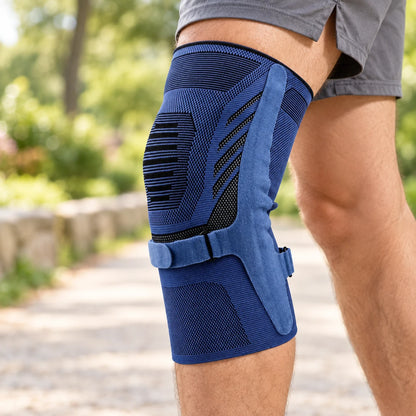 Blaue Knie-Kompressionsmanschette am Bein mit sichtbarem seitlichem Stützelement