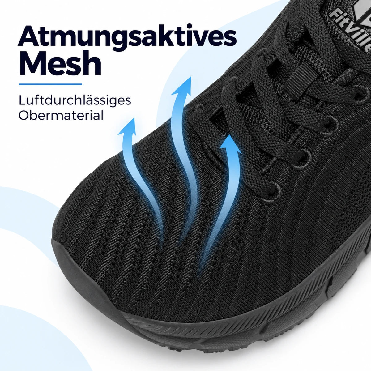 Detail des Mesh-Obermaterials mit blauen Luftstrompfeilen und dem Text „Atmungsaktives Mesh“.