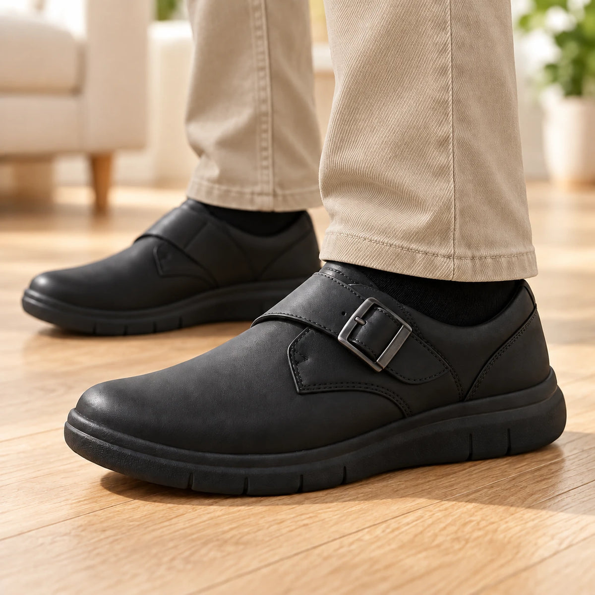 Schwarze Schuhe mit beiger Chinohose in Nahaufnahme