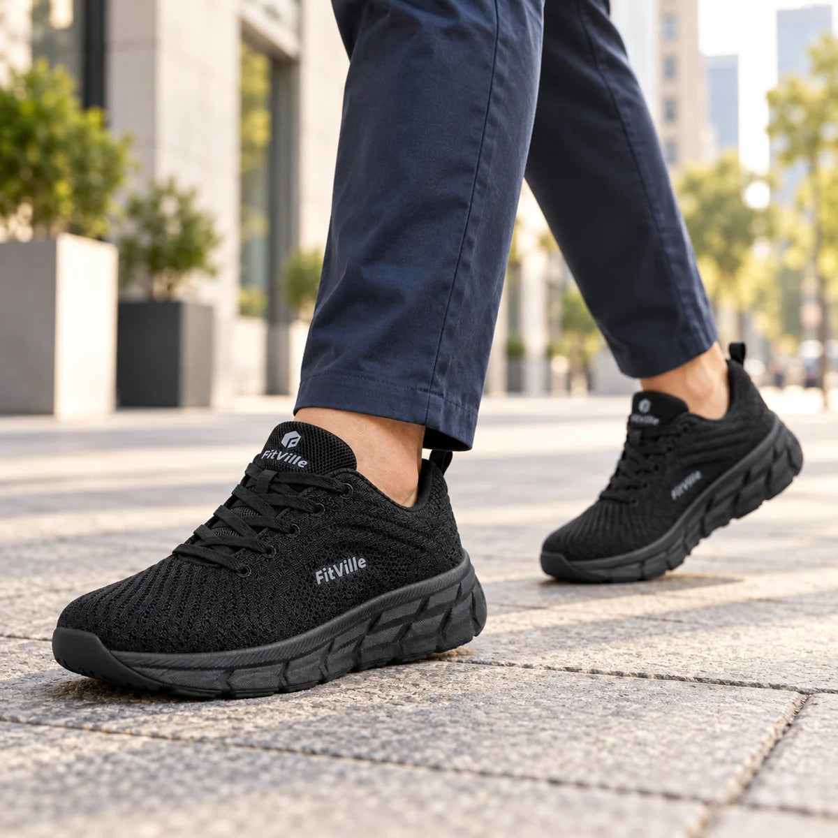Mann mit dunkelblauer Hose trägt schwarze Herren-Sneaker beim Gehen auf einem Gehweg.