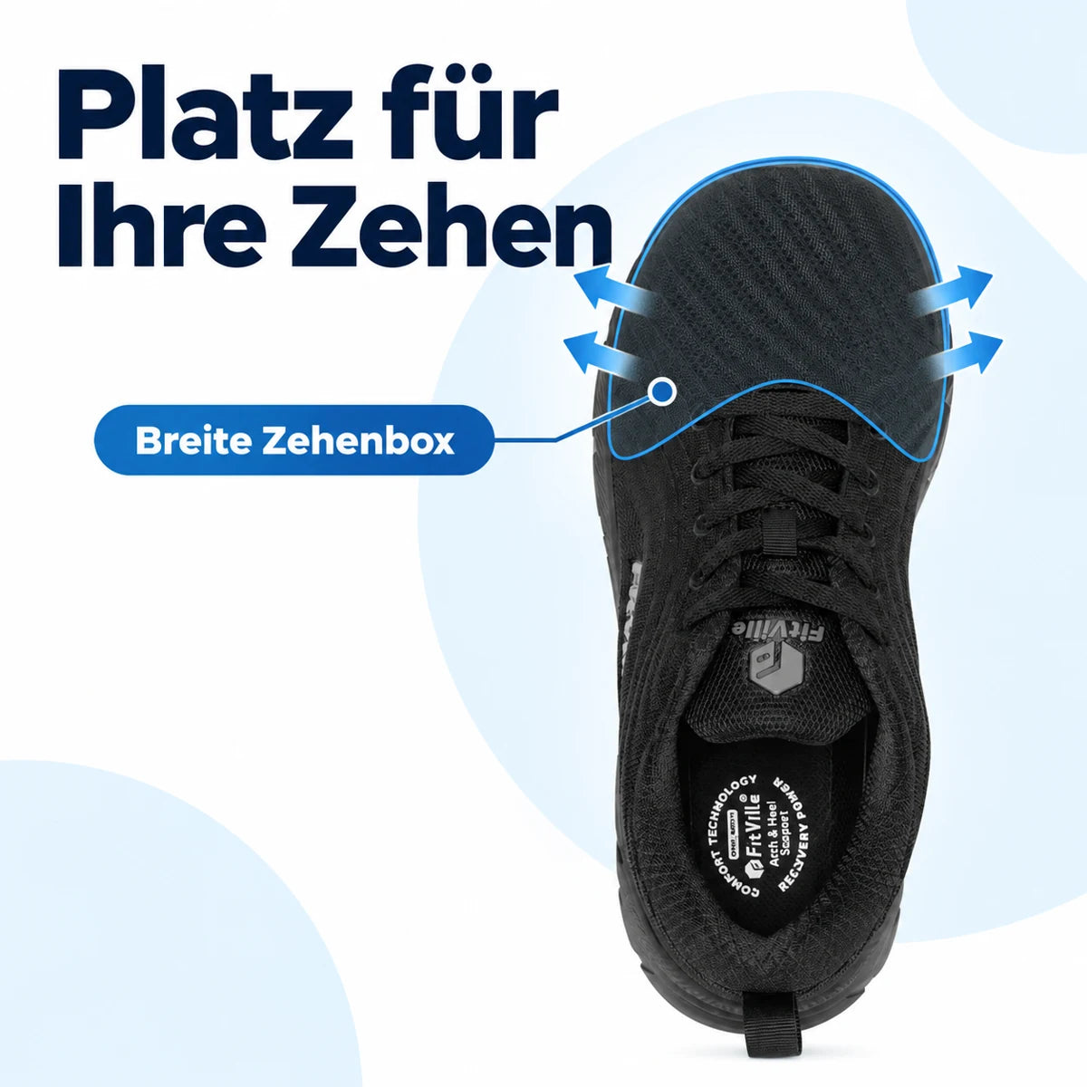 Schwarzer Sneaker von oben mit markierter breiter Zehenbox und dem Text „Platz für Ihre Zehen“.