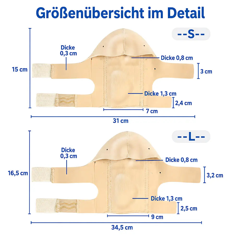 gel fersenkissen größentabelle mit maßen für S und L im detail