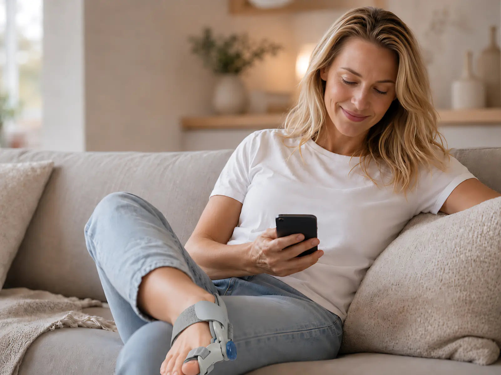 hallux valgus schiene frau entspannt auf sofa