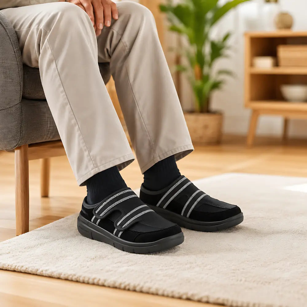 hausschuhe herren orthopaedisch getragen zuhause sessel