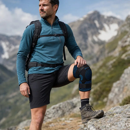 kniebandage klettverschluss blau beim wandern im einsatz