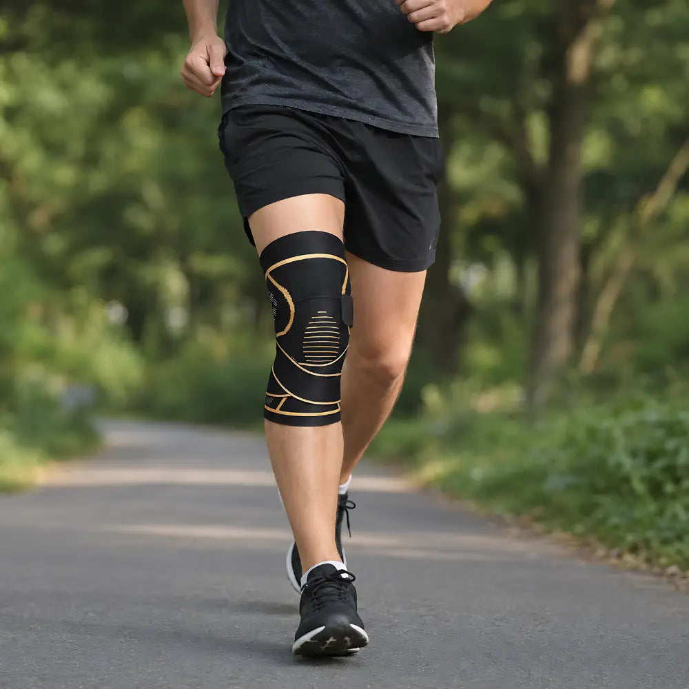 kniebandage mit riemen beim joggen im einsatz