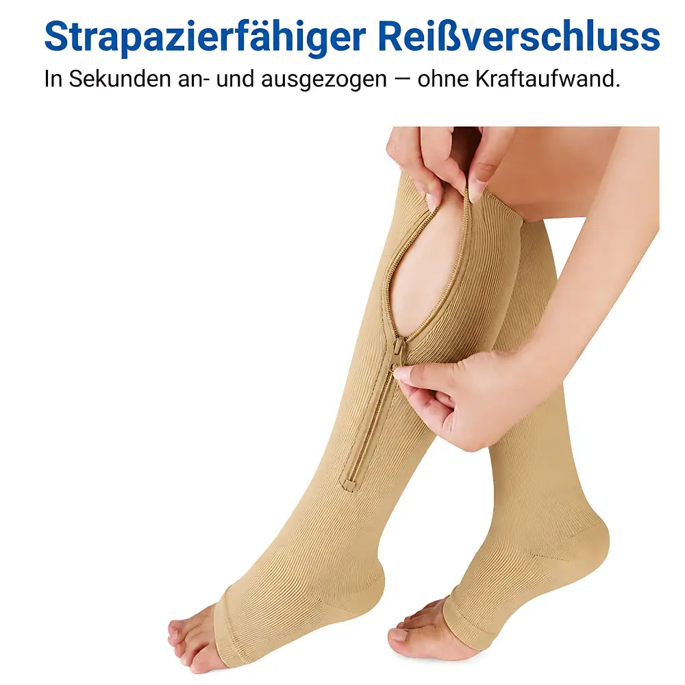 kompressionssocken reissverschluss anziehen grifflasche detail beige