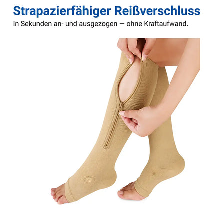 kompressionssocken reissverschluss anziehen grifflasche detail beige