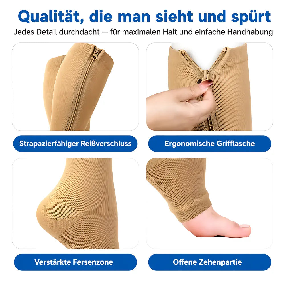 kompressionssocken reissverschluss qualitaet details fersenzone grifflasche